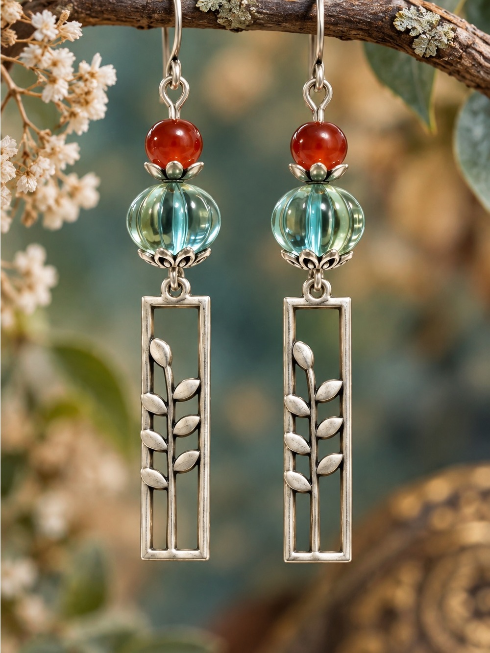 Handmade Seafoam Green Glass Amber Botanical Dangle Earrings